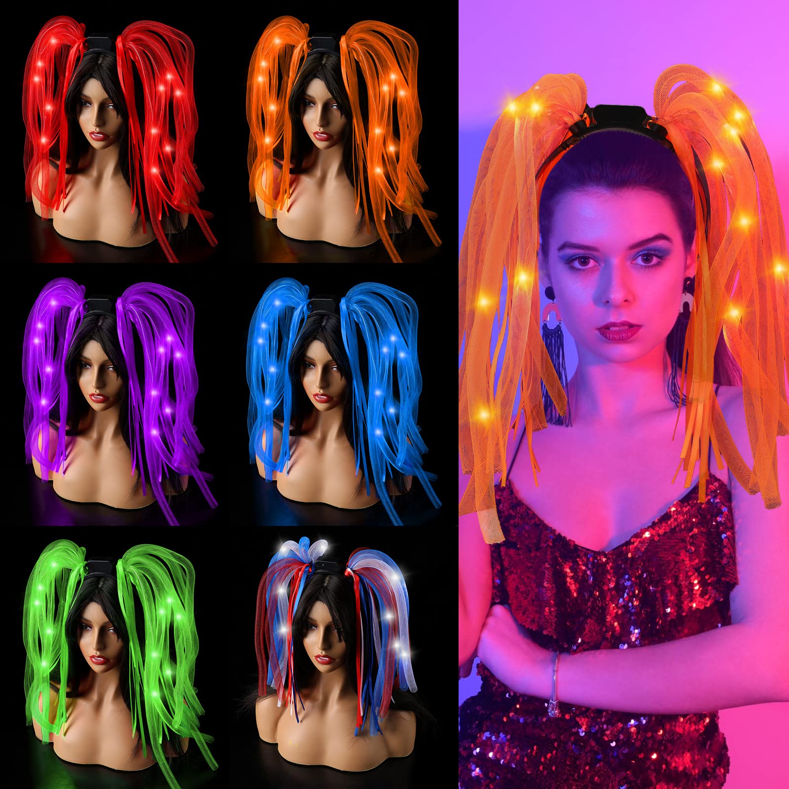 Photo 1 of Jerify 6 Pcs Glow in The Dark Headband LED Hairband Flashing Party Multicolor Accessories for Rave Carnival Neon, 6 Colors