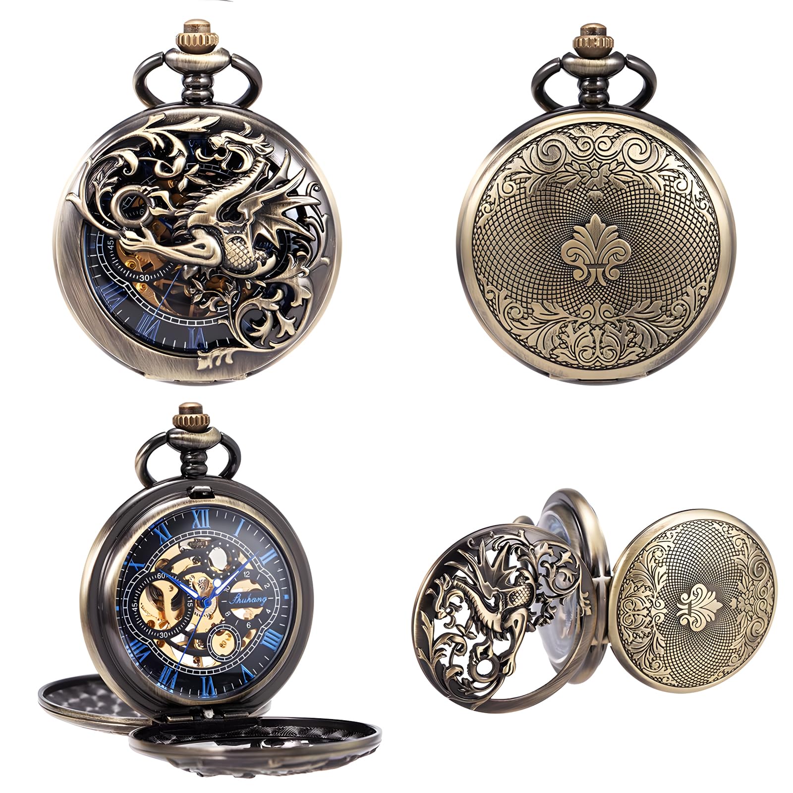 Carrie Hughes Mens Mechanical Pocket Watch with Chain Lucky Dragon Steampunk Skeleton Hunter Double Open in Box CHPW10A
