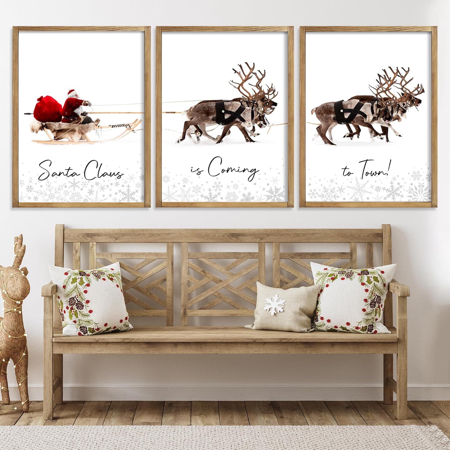 Wall Décor - LITIVY Framed Set of 3 Christmas Wall Art Christmas Santa Claus with Sleigh Deer for Christmas Wall Decor Prints Xmas Sign for Home Decor Christmas Decorations(12