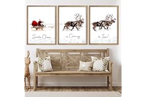 LITIVY Framed Set of 3 Christmas Wall Art Christmas Santa Claus with Sleigh Deer for Christmas Wall Decor Prints Xmas Sign for Home Decor Christmas Decorations(12"x16", Brown)