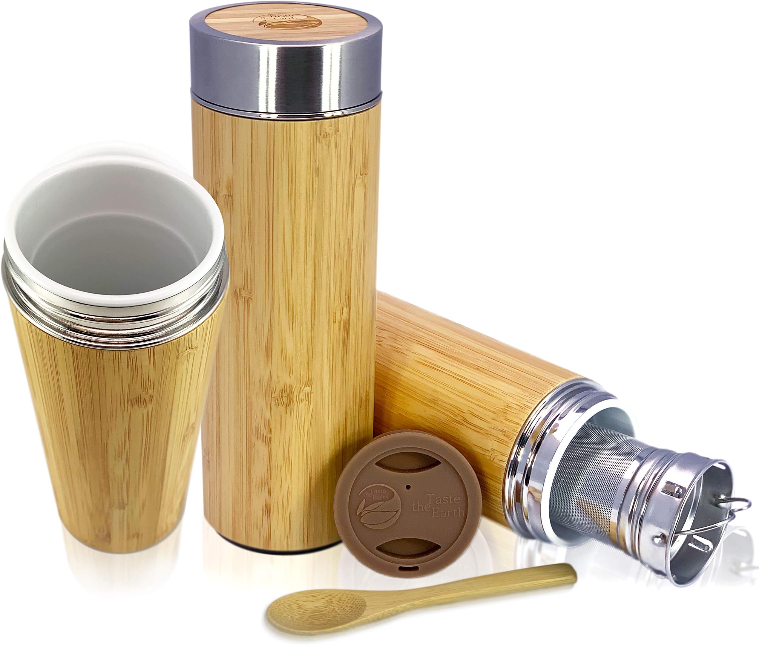 Bamboo Ceramic Tea Mug Tumbler - With Custom Silicone Travel Lid and Leak Resistant Lid, Infuser, and Bamboo Spoon. Termo De Ceramica Para Viaje | 1 CUP / 10OZ Capacity | By Taste The Earth