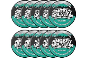 Smokey Mountain Herbal Long Cut – Spearmint – 10 Can Box - Tobacco Free and Nicotine Free Snuff