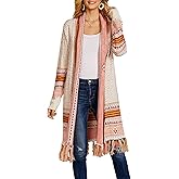 Misassy Womens Boho Open Front Long Cardigans Sweater Loose Long Sleeve Embroidery Tassels Kimono Duster Outwear