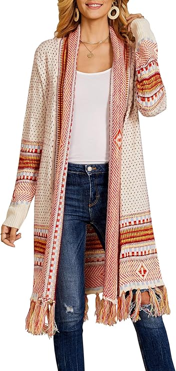 Ferbia Women Boho Cardigan Sweater Long Open Front Maxi Knit Sweaters Aztec Tribal Tassel Fringe 