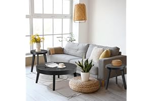 HOKYHOKY Farmhouse Round Coffee Table Set of 3, Black Sofa Side Nesting Tables End Table Set with Wood Natural Finish for Liv