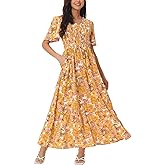 Seta T Women's Summer Dresses Casual Floral Short Sleeve V Neck Smocked Flowy Maxi Dress with Pockets