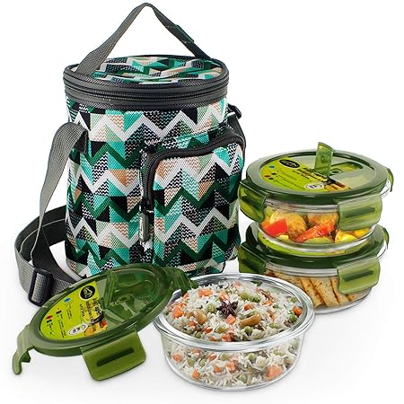 Home Puff Borosilicate Glass Lunch Box -Microwavable, AirVent Lid, Premium Carry Bag (Round 400 ML, Set of 3)