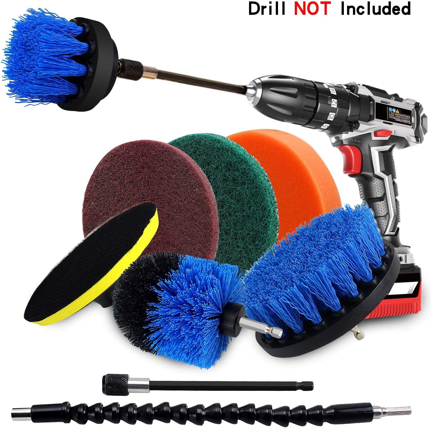 Drill Brush Power Scrubber Cleaning Kit, 9 Pack Cleaner Scrubbing Brushes Attachments for Bathroom Surface, Carpet, Grout, Tile, Tub, Shower, Kitchen, Auto, Boat Fiberglass (Blue)