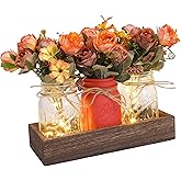 Infinideck Mason Jar Table Centerpiece Decor with Lights, Wood Tray & 3 Artificial Flowers - Farmhouse Table Decor for Dining Room, Living Room, Kitchen, Coffee Table​