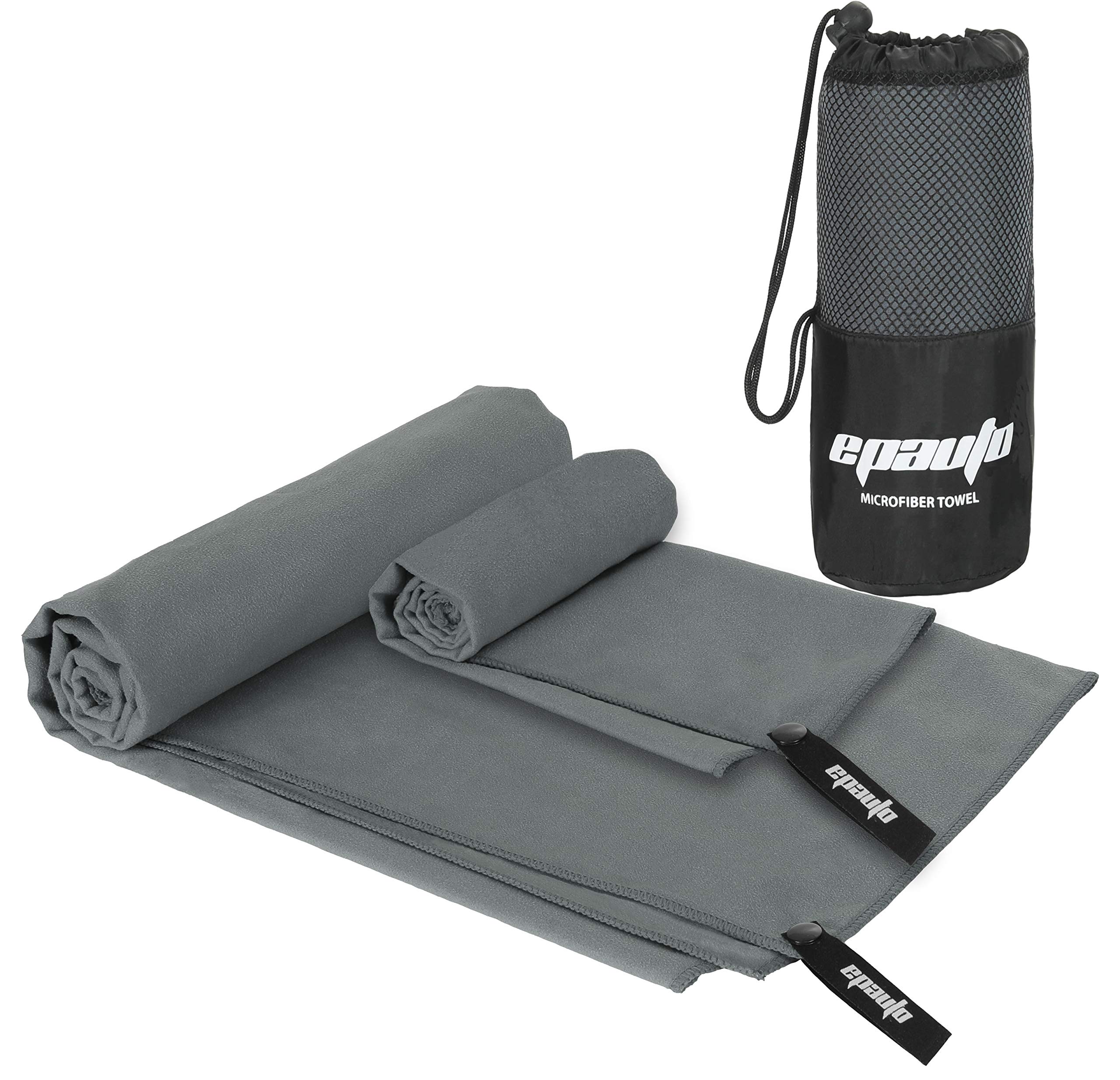 EPAUTO 2-Pack Microfiber Fast Drying Travel Gym Towels, Grey, (60''x30'', 24''x15'')