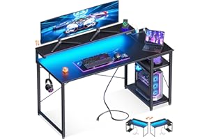 MOTPK Gaming Desk with Led Lights & Power Outlet, 47 Inch Gaming Computer Desk with Shelves, Reversible Gamer Desk Table with Adjustable Monitor Stand & Headphone Hook, Carbon Fiber Texture, Black