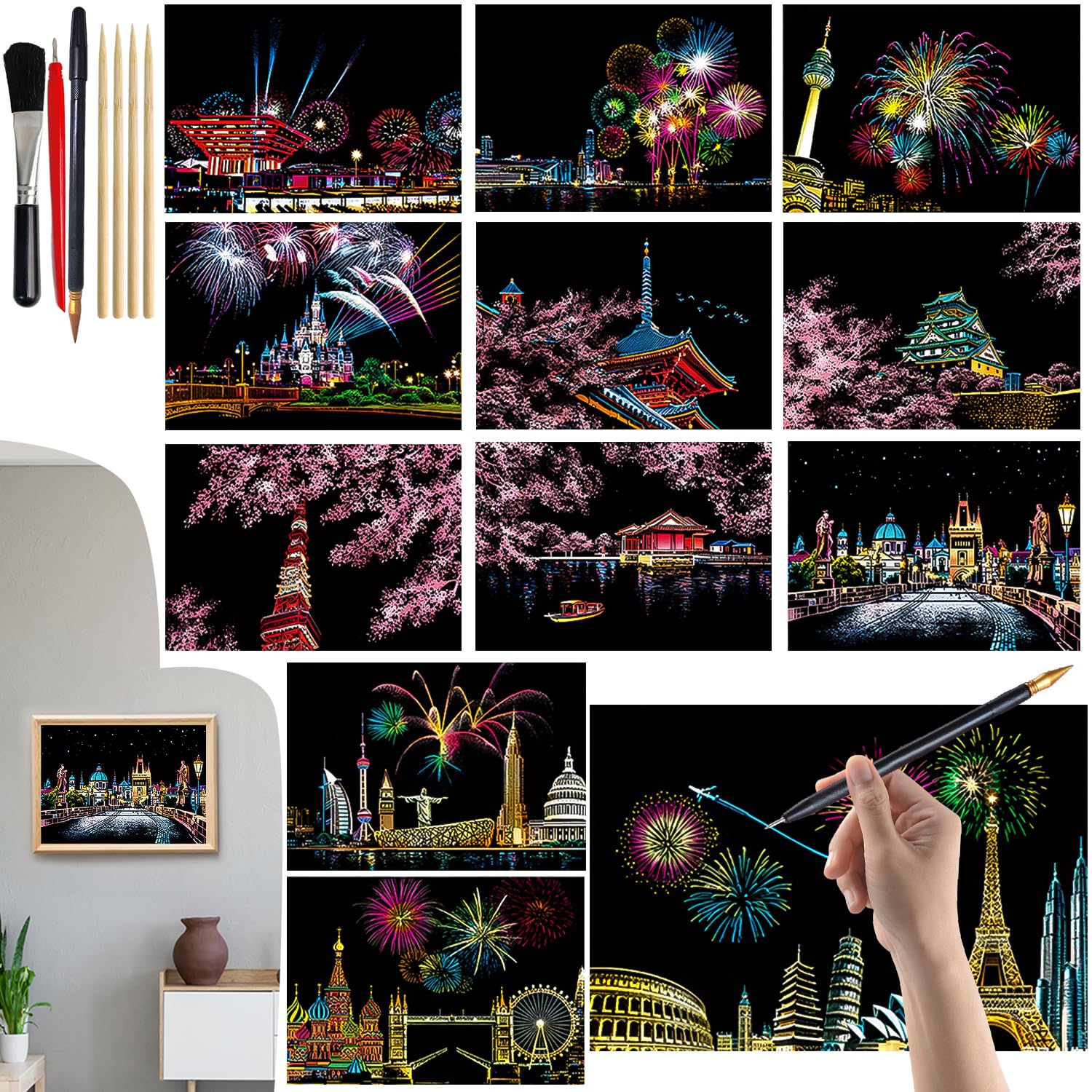 VLYX Scratch Art for Adults and Kids - 12 PCS Rainbow Scratch Notes Kit with Scratching Tools, Creative Art Supplies Children & Adults（Fireworks Series）