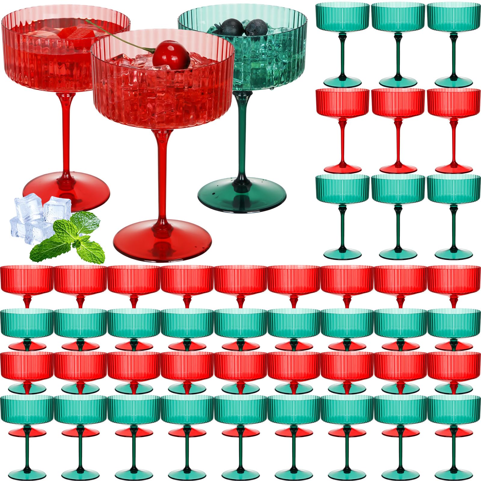 Photo 1 of Jingmore 48 Pcs Ribbed Martini Glasses 10 oz Disposable Plastic Vintage Ribbed Coupe Glasses Cocktail Unbreakable Dessert Parfait Glassware for Wedding Birthday Party Supplies (Red and Green)