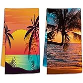 Tropical Sunset Palm Beach Sunset Hand Towels Set of 2 Soft Guest Bath Towel Absorbent Drying Cloth Hand Towel Bathroom Decorations Thin Kitchen Tea Dish Towels