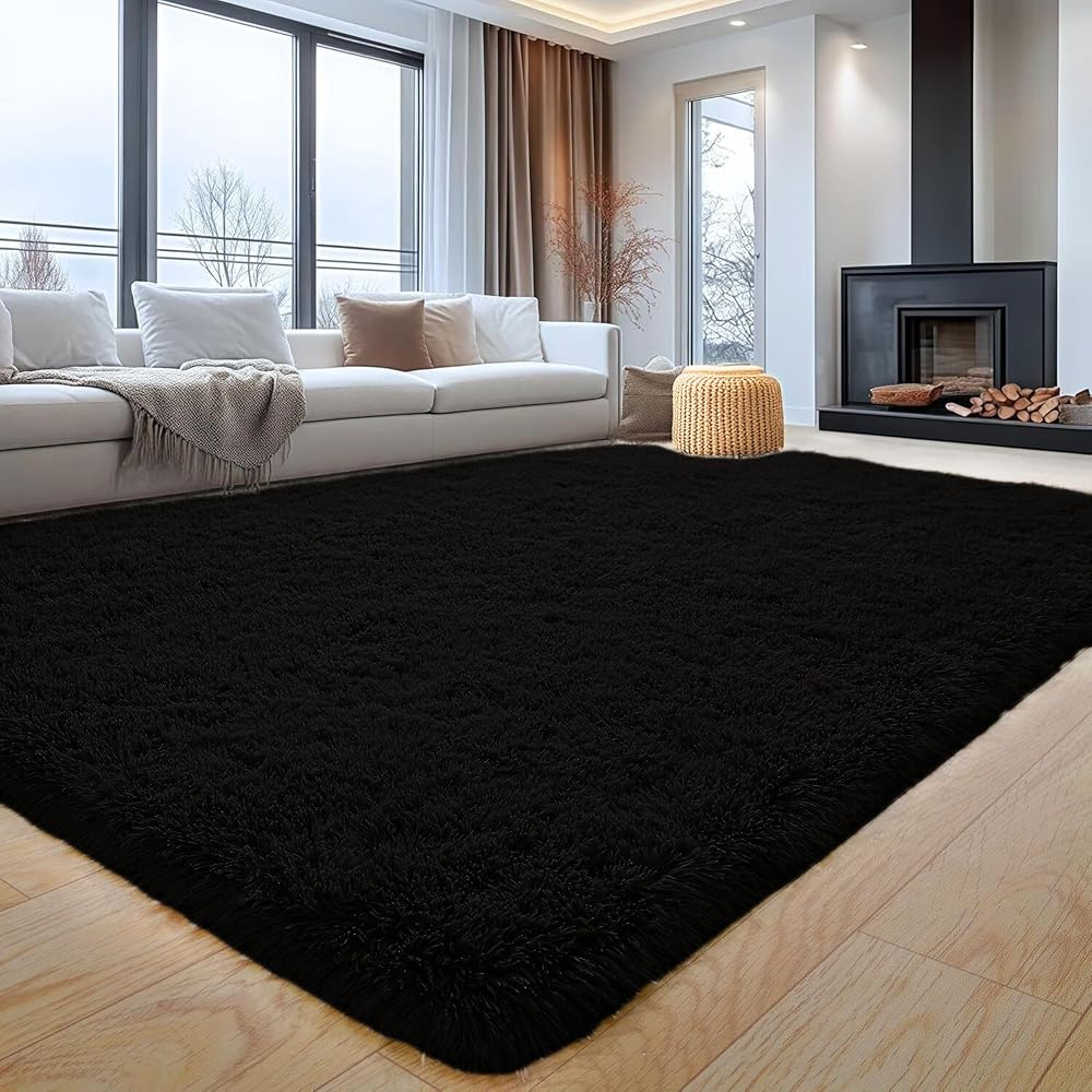 Aspire Homeware Black Fluffy Rug 120x170 cm Non Slip Thick Pile