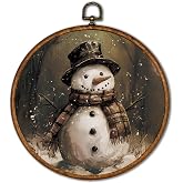 KSDUT Vintage Snowman Wall Decor Art - Retro Christmas Winter Wall Art Canvas Frame Hanging Prints, Merry Xmas Holiday Round Wall Art Decor for Home Farmhouse Decorations 10