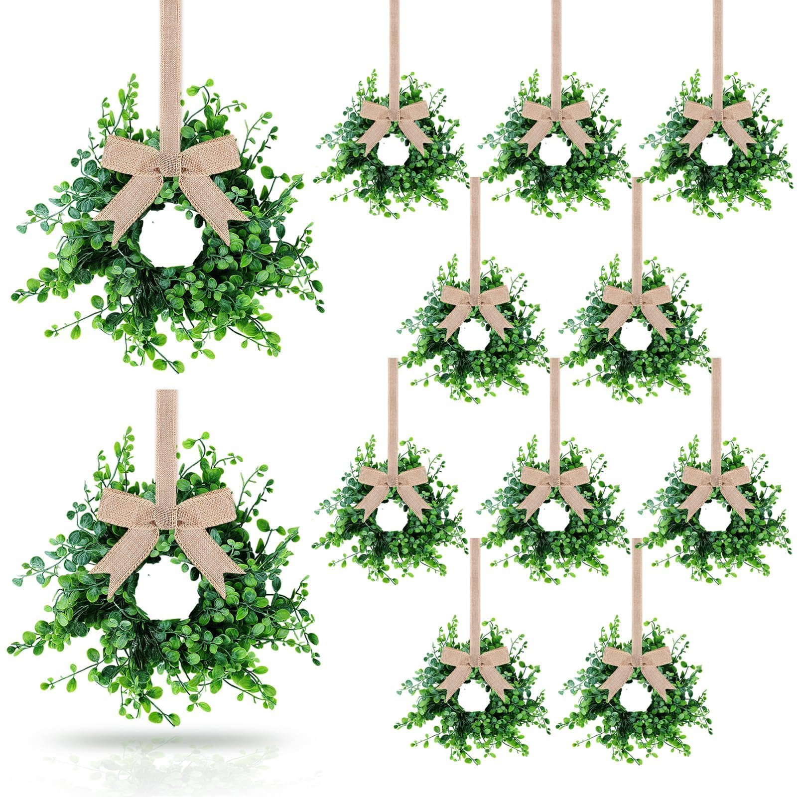 Photo 1 of 12 Pcs Mini Boxwood Table Centerpieces Green Pillars Candle Rings Wreaths 9 Inch Wreath for Cabinets Farmhouse Wreaths with Ribbon for Front Door Porch Wall Window Decorations