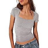 BAIGRAM Women Square Neck Crop Top Short Sleeve T Shirts Slim Fitted Going Out Tops Y2K Cute Summer Basic Tees Trendy