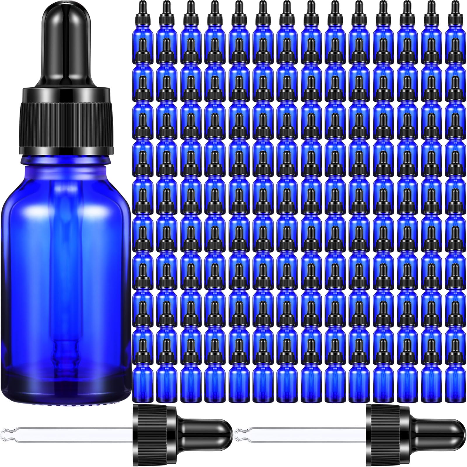 Photo 1 of ** MISSING PARTS ** Tanlade 200 Pack 15ml Dark Dropper Bottles 1/2 oz Glass Dropper Bottles Brown Tincture with Eye for Essential Oils Liquids Perfumes Lab Chemicals and Travel(Blue)