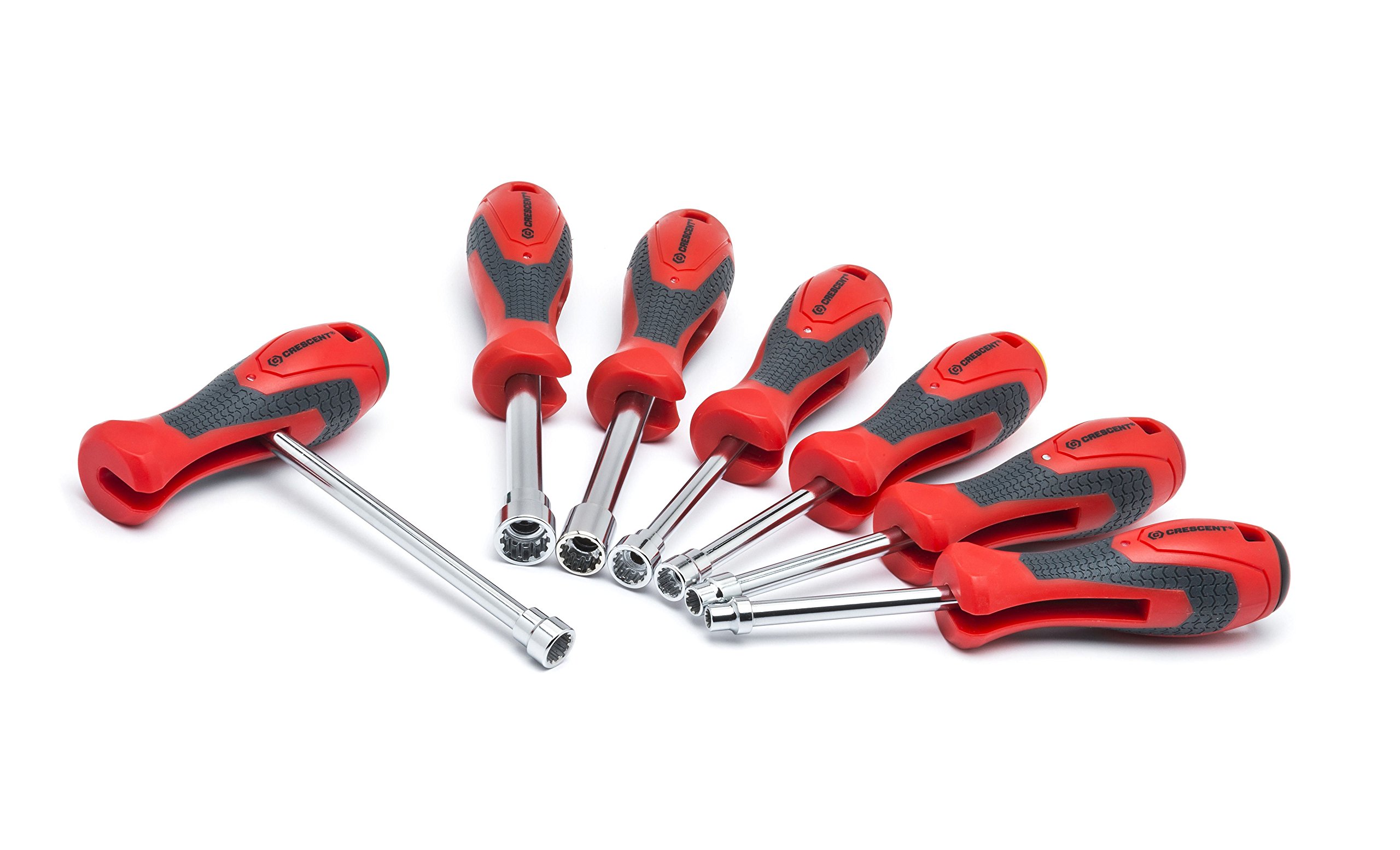 Crescent CNDS7V 7 Piece Quick Convert T-Handle Nut Driver Set with Hollow Shaft, Metric & SAE- Red/Grey
