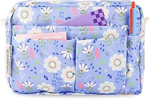 qianshan Portfolio Organizer with Multiple Pockets, Waterproof Travel Zippered Cosmetic Bag, Portable Storage Bag for Notebooks, Stationeries, Make-up, Journal Office Art Supplies.Purple Flowers