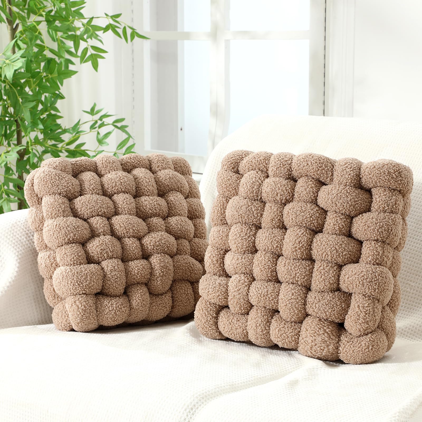 Photo 1 of Wenqik 2 Pcs Knot Pillows Square Knotted Plush Throws Soft Accent Pillows Decoration Cushion for Couch Home Office Living Room Bedroom Bed Sofa Decor, 12'' x 13''(Khaki,Lambswool)