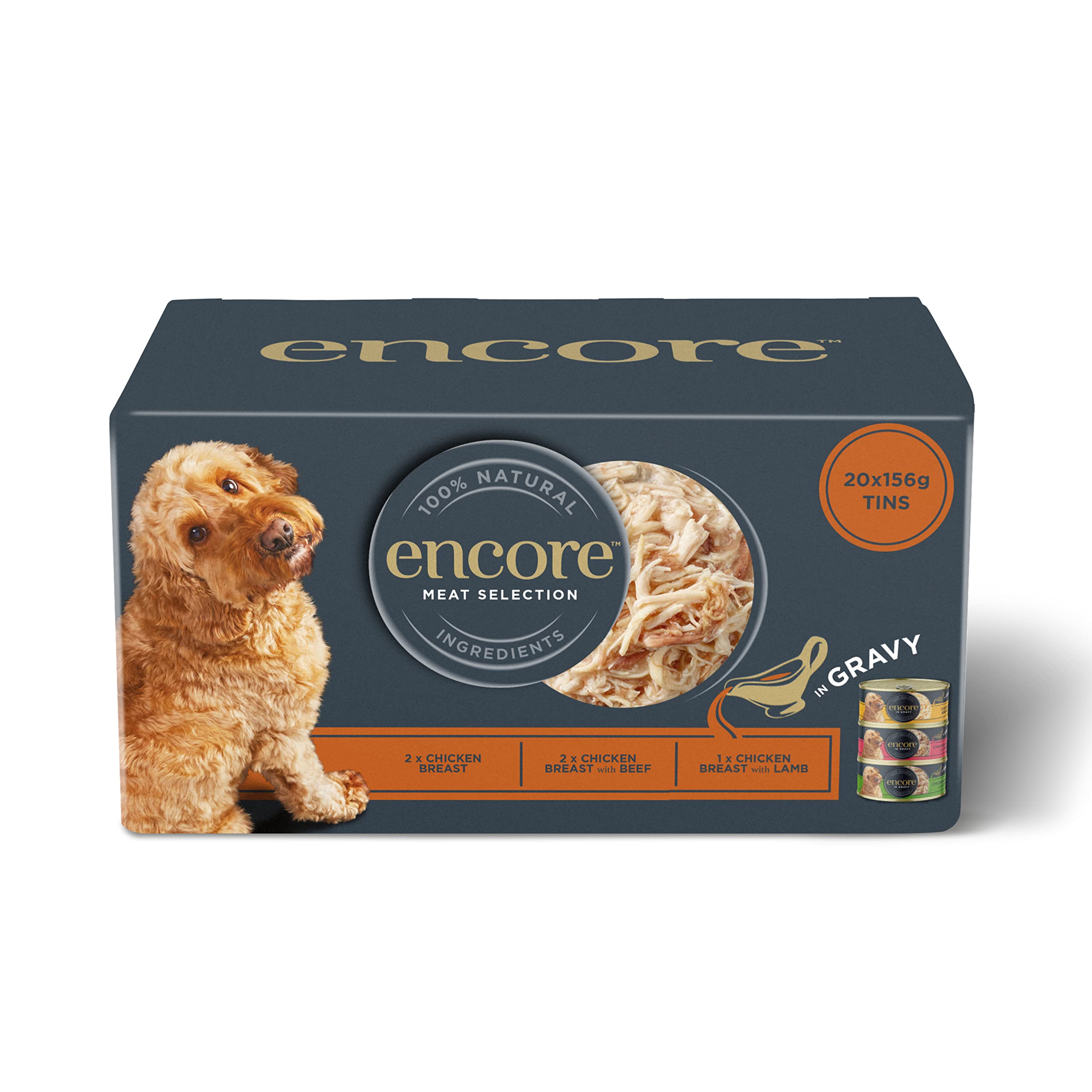 Encore 100% Natural Wet Dog Food, Multipack Meat Selection in Gravy 156 g Tin, Pack of 20