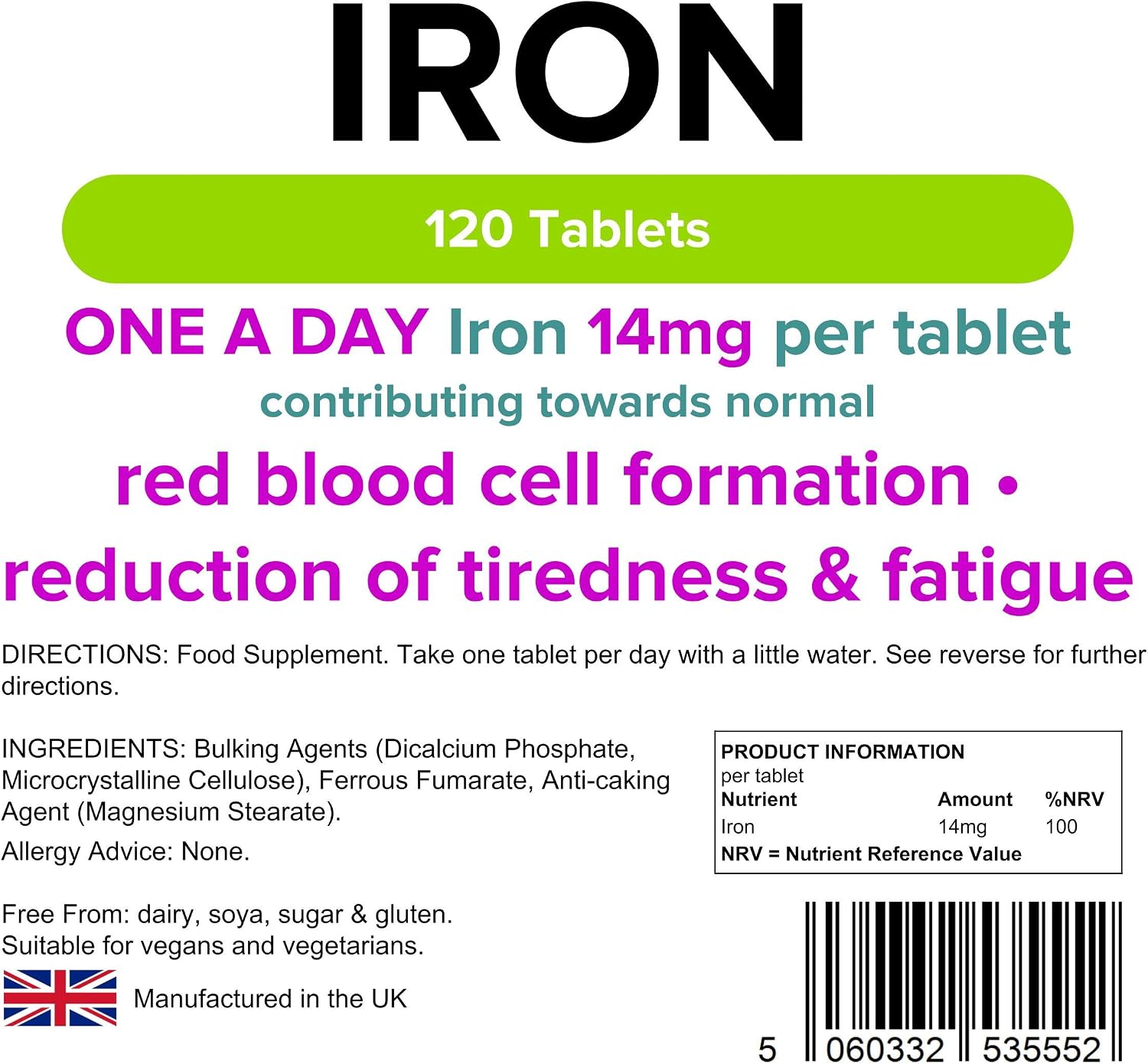 Lindens - Iron 14mg - 120 Vegan Tablets - UK Made - Reduce Tiredness, Increase Energy, White, 1 count (Pack of 120) - Image 4