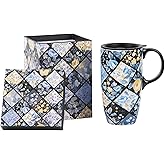 Coffee Ceramic Mug Porcelain Latte Tea Cup With Lid 17oz,Novelty Coffee Mugs for Men Women Office & Home Blue