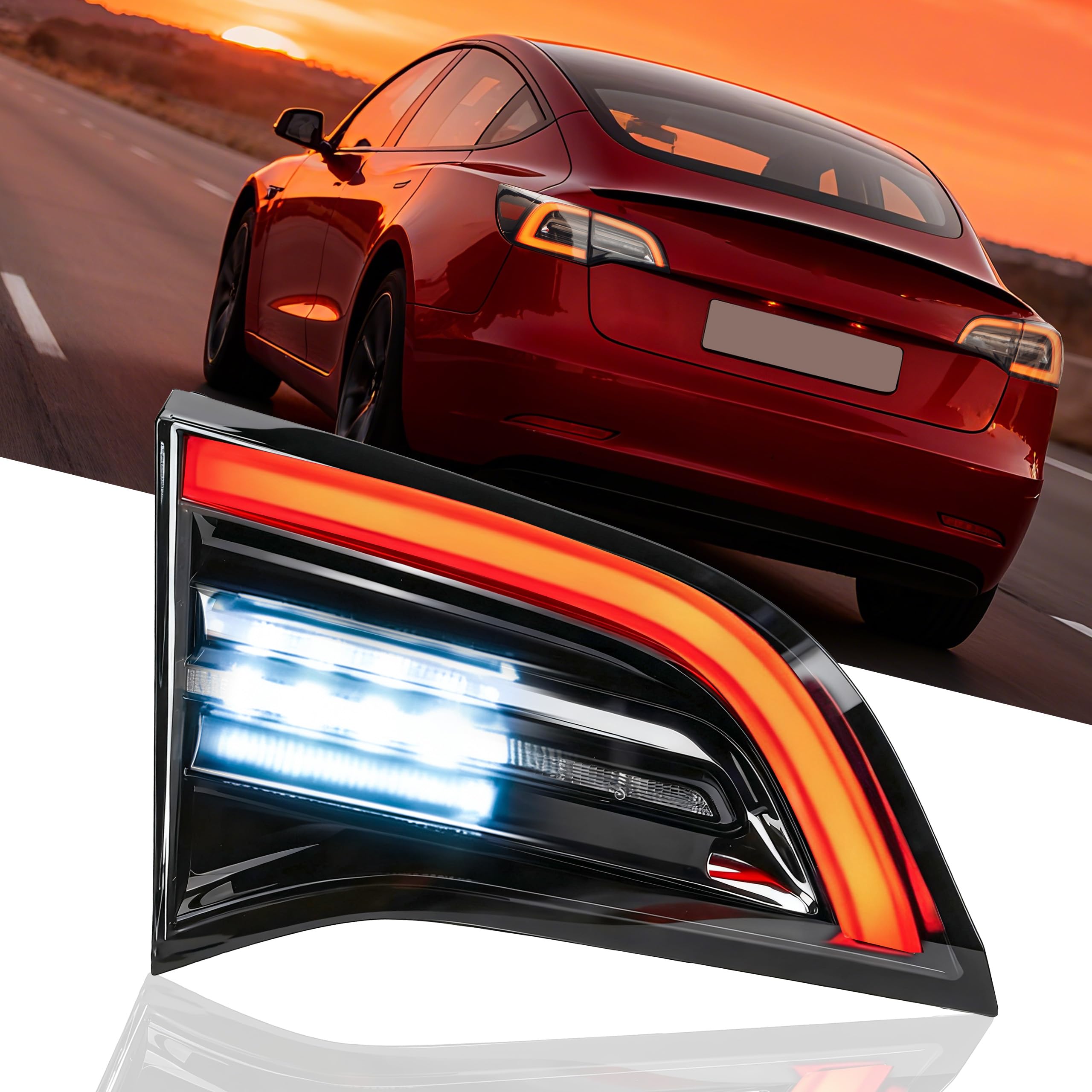 Photo 1 of 3 Pins Inner Tail Light Assembly Fit Tesla Model 3 2021 2020 2019 2018 2017 Rear Run Reverse Taillight Assembly Led Left Driver Side Tail Light 1077401-00-G