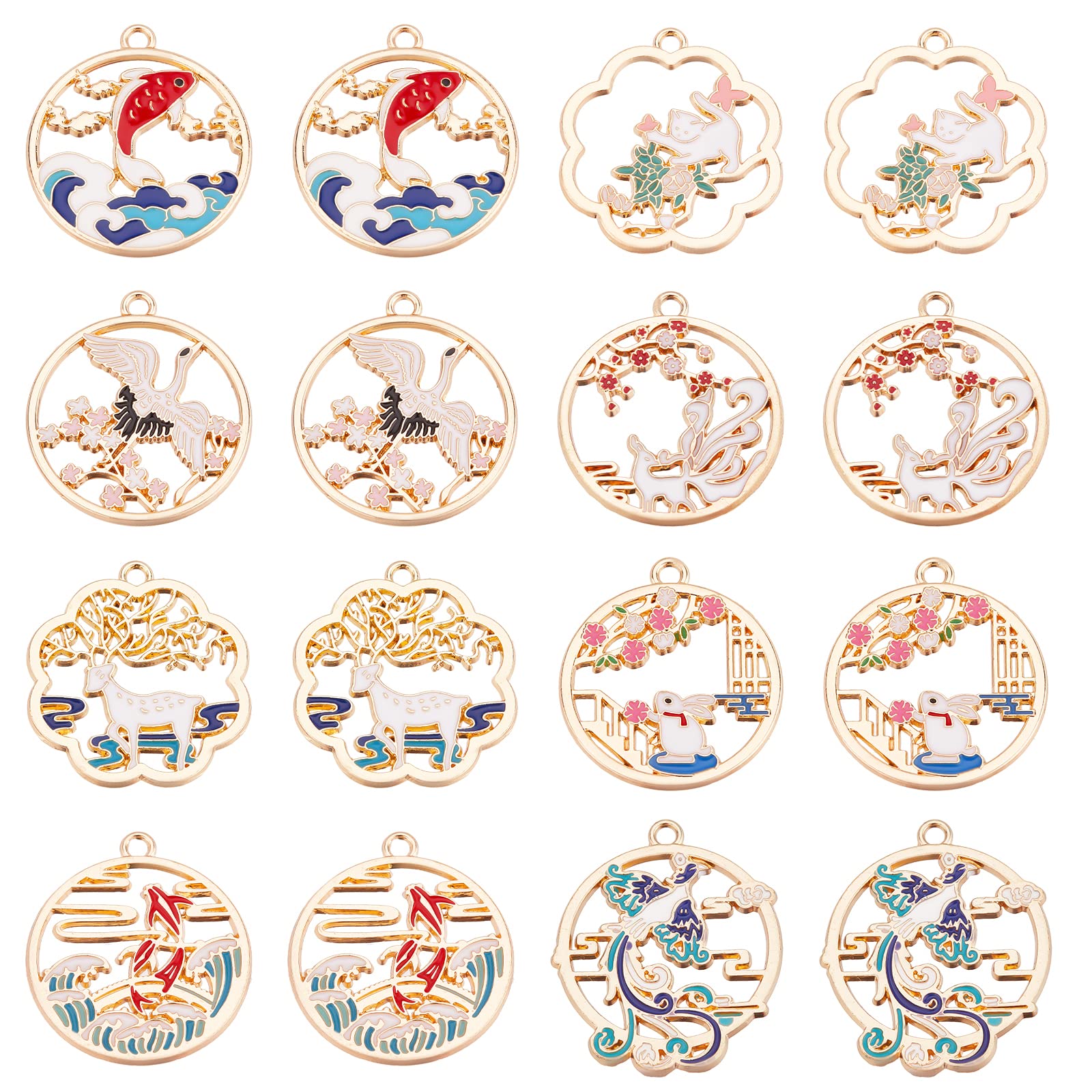 SUNNYCLUE 1 Box 32Pcs 8 Styles Animal Enamel Charms Flower Cat Bunny Bird Fox Deer Fish Charms Alloy Flower Charm Bulk for Jewellery Making Charms Easter Christmas Necklace Bracelet Earrings Crafting
