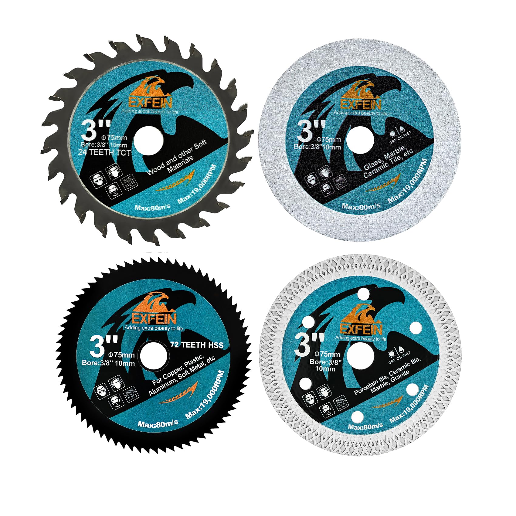 EXFEIN 75mm Diamond Discs Set 4pcs for Cutting Tile Glass Soft Metal Wood Plastic Diamond Cutting Disc