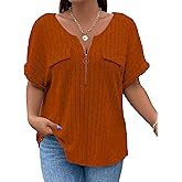 Veeiid Womens Plus Size Short Sleeve Zipper V Neck Tops Solid Color Tunic Shirts Summer 2XL-5XL