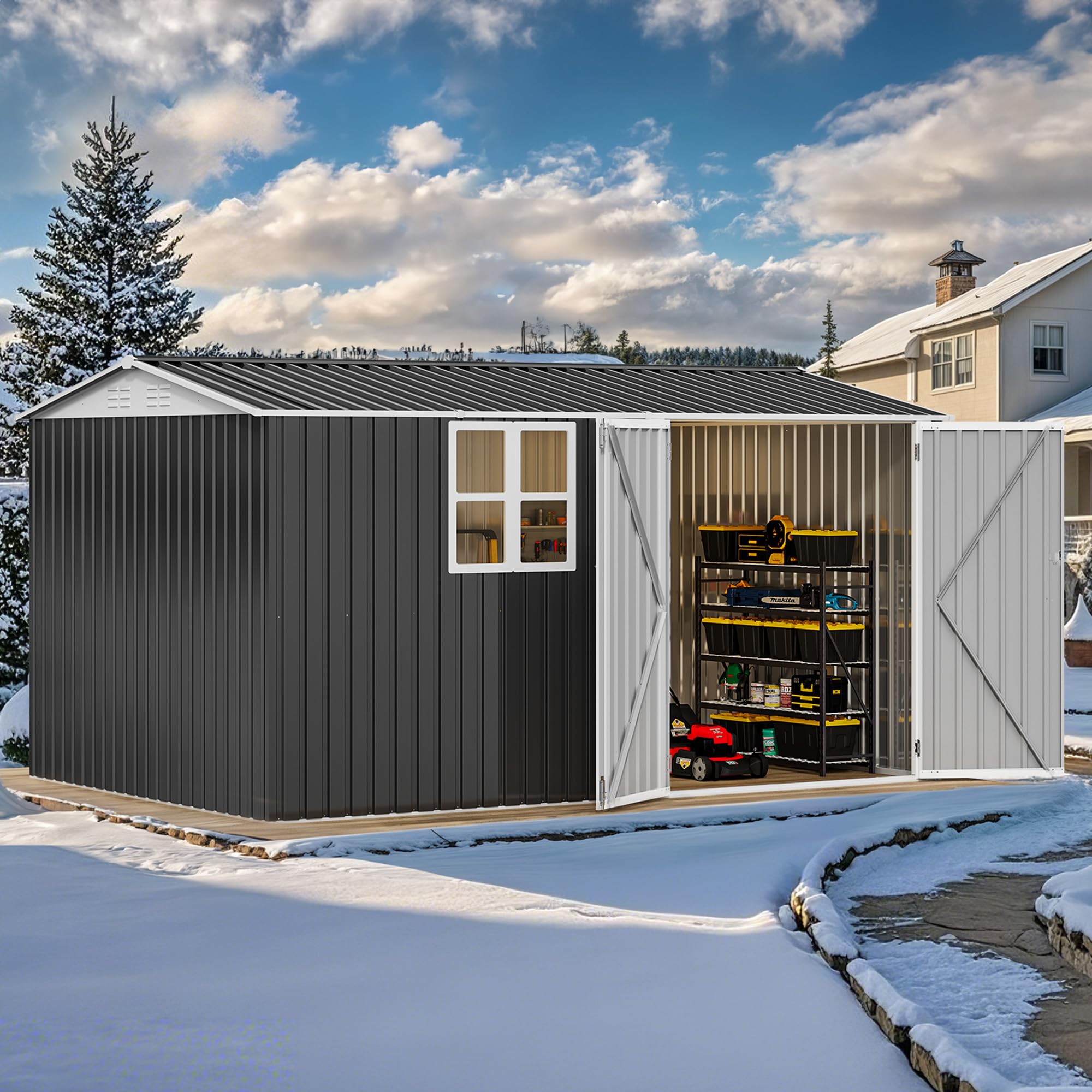 Photo 1 of **************INCOMPLETE ITEM, THIS IS ONLY 1 BOX IN A MULTI BOX SET*************
DWVO 12' x 8' Outdoor Storage Shed, Waterproof Metal Garden Shed with Windows, Lockable Doors, and Sloped Roof for Patio, Backyard, Lawn, Tool Storage, Bike Shed, Pet Shelte