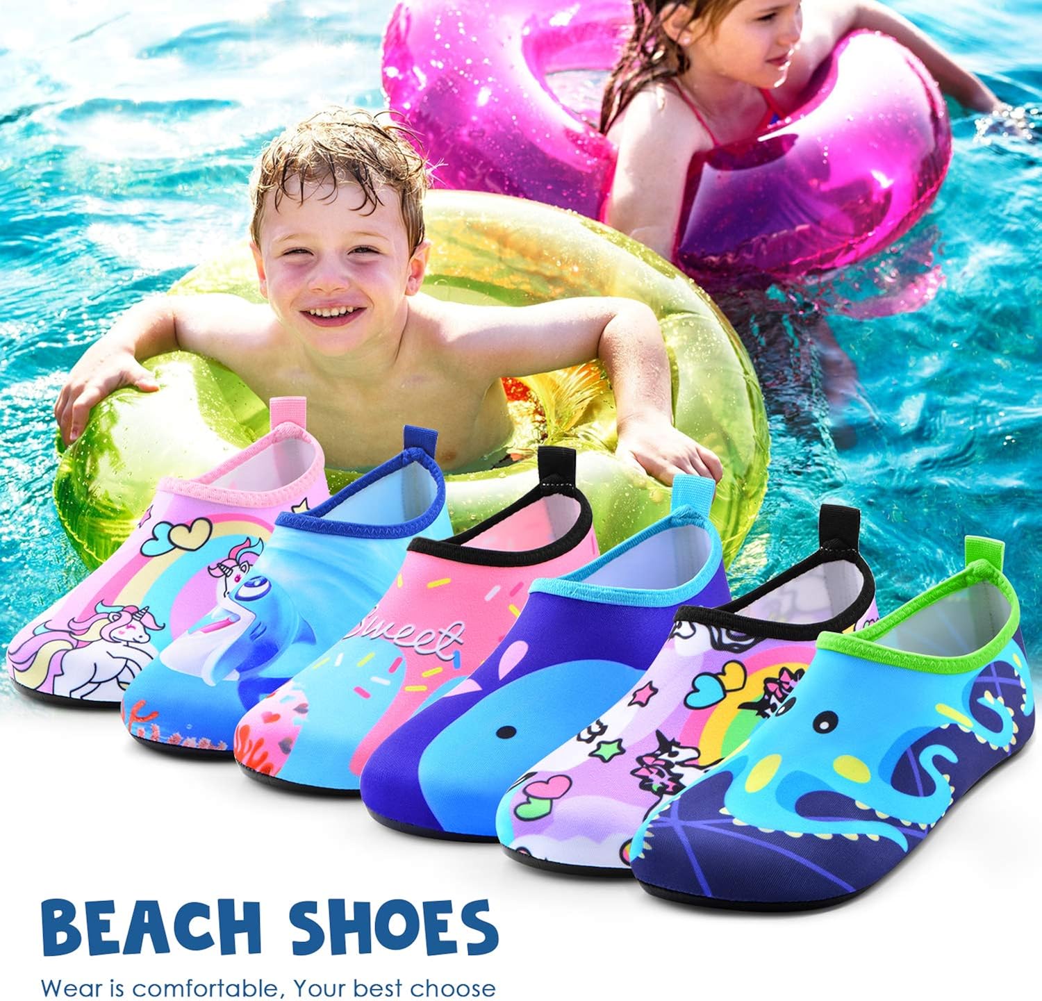  | Sunnywoo Water Shoes for Kids Girls Boys，Toddler Kids Swim Water Shoes Quick Dry Non-Slip Water Skin Barefoot Sports Shoes Aqua Socks for Beach Outdoor Sports | Water Shoes