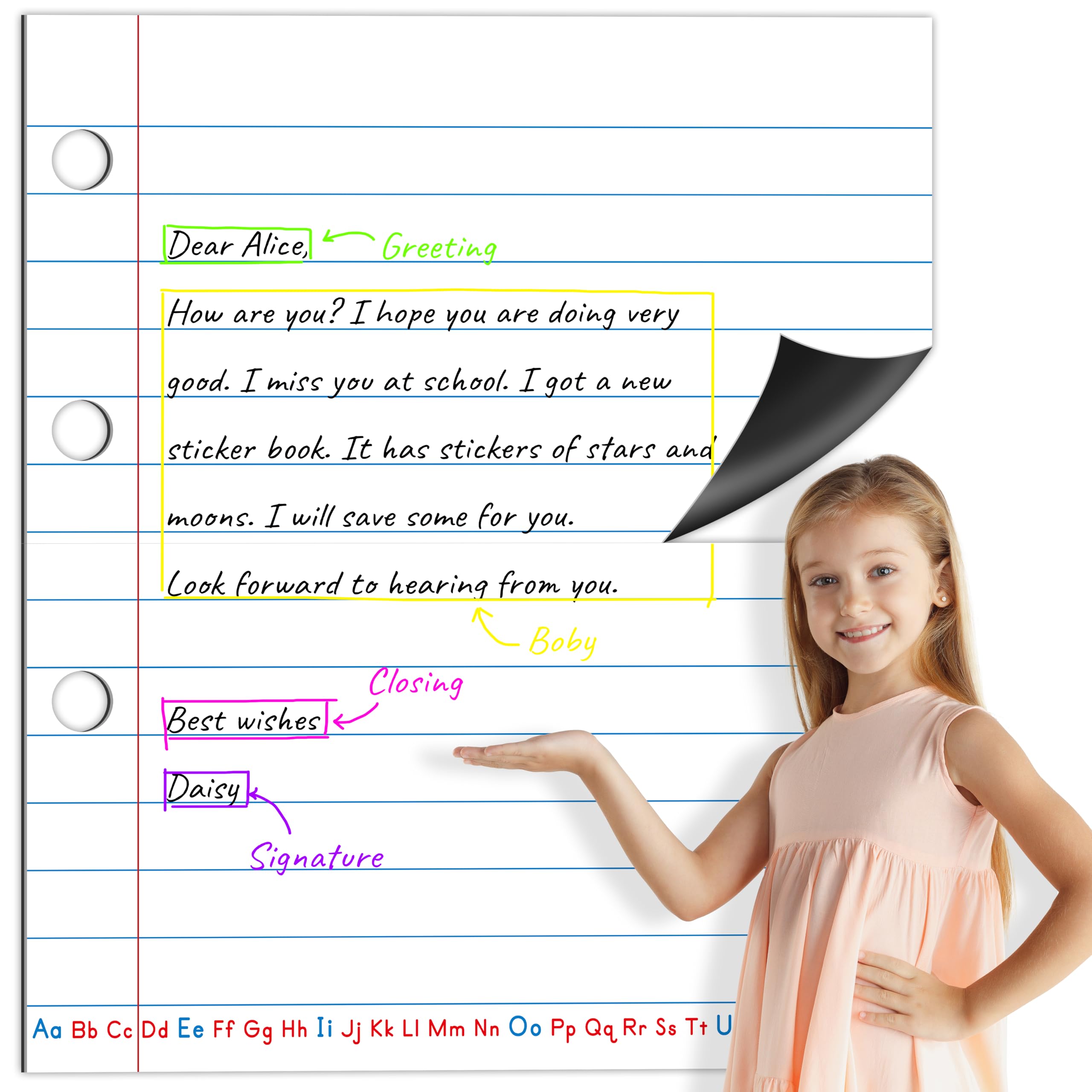 Magnetic Notebook Paper, Erasable & Writable Handwriting Lined Paper Dry Erase Writing Strip Learning Tool for Classroom School, Whiteboard, Blackboard, Office Supplies (17” x 20”)