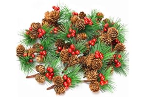 25PCS Mini Christmas Pinecone Picks Red Berry Stems, Artificial Christmas Floral Picks Pine Needles Branches Holly Berry Stem