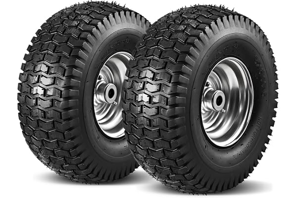 15x6.00-6 Lawn Mower Tire and Wheel Front Tire 2PCS, 3" Centered Hub | Bore ID 3/4" | Natural Rubber 4 Ply with Tube for John