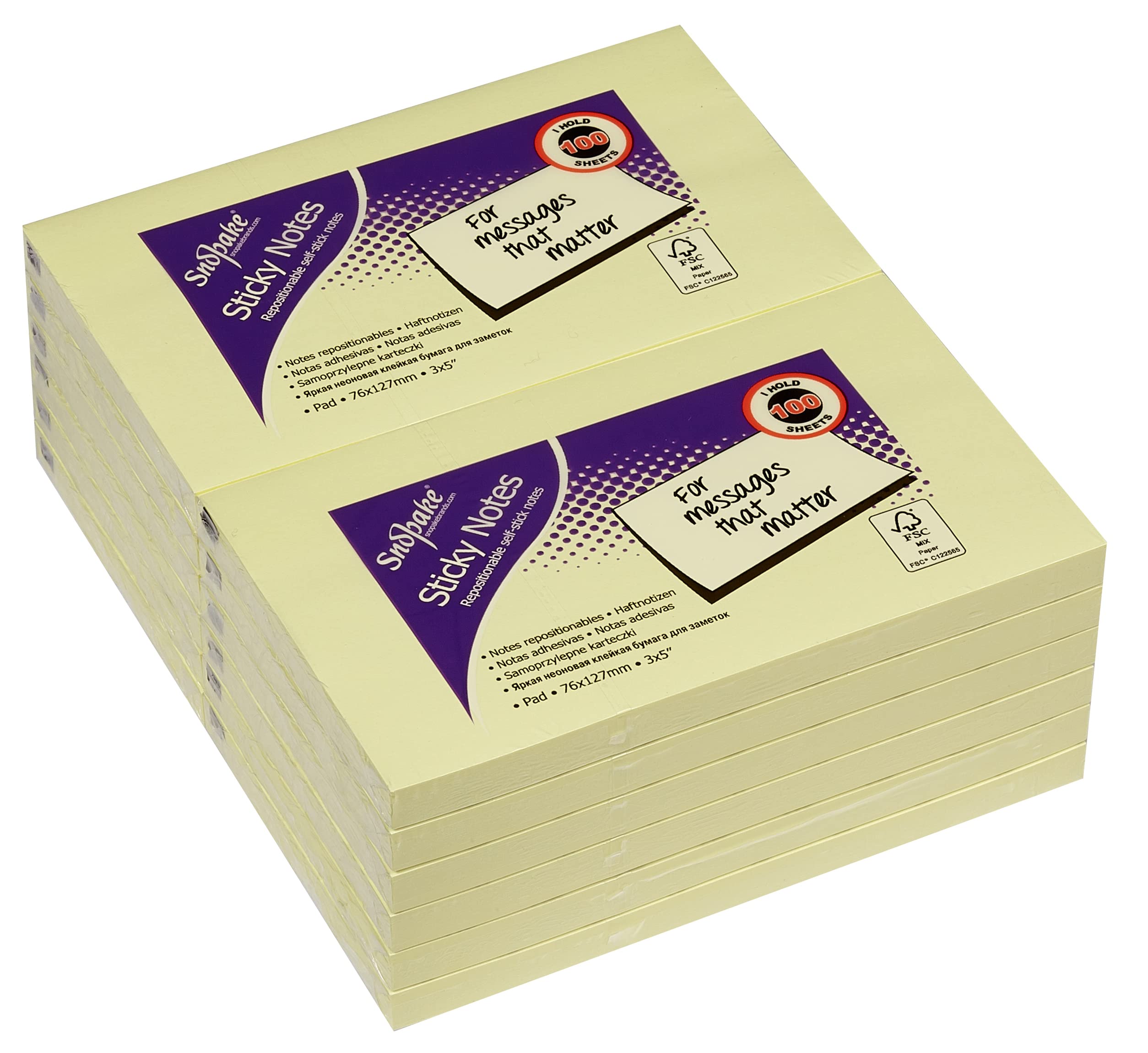 Snopake 127 x 76 mm Yellow Sticky Notes [Pack of 12, 100 Sheets per Pad] 12133