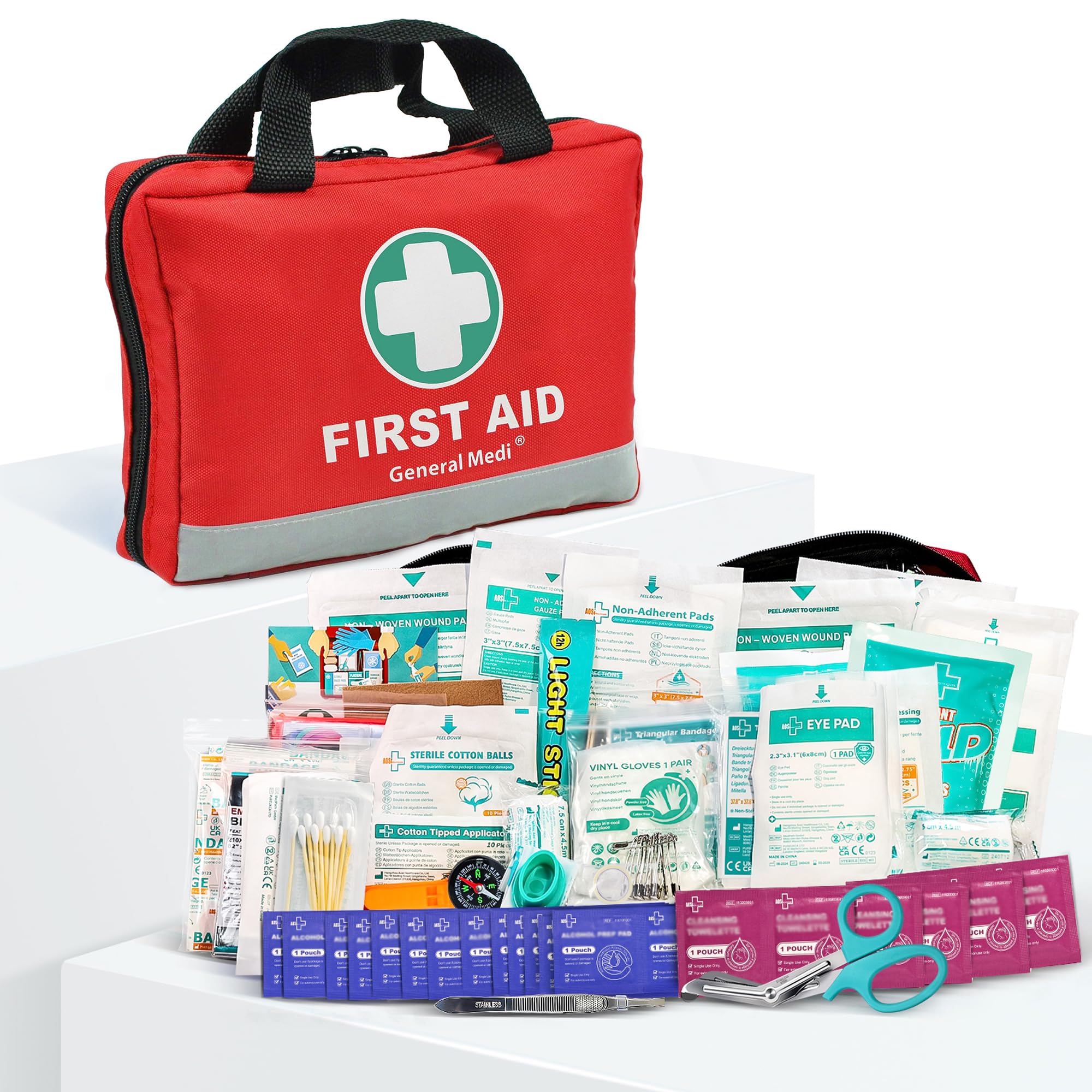 General Medi First Aid Kit -309 Pieces- Reflective Bag Design - Including Eyewash, Bandages, Moleskin Pad and Emergency Blanket for Travel, Home, Office, Car, Camping, Workplace