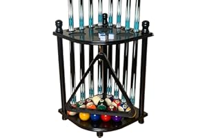 GACCO BILLIARDS Floor Pool Cue Rack Hold 8 Cue Sticks & Billiard Accessories. Corner Stand Pool Cue Holder Made of 100% Solid Hardwood. Provided Ball Rack Hook. CUE RACK ONLY (Black)