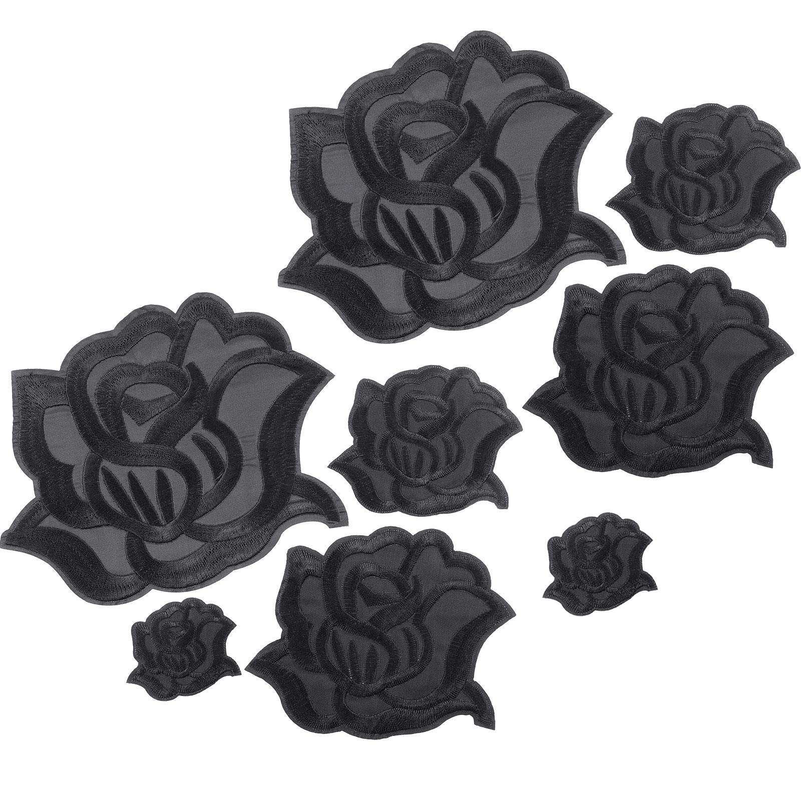 Photo 1 of WILLBOND 8 Pieces Black Iron on Rose Flower Patches for Clothes Fabric Repair 4 Size Embroidered Sew on Flower Applique Patches for Jacket Jeans Clothes Hats Shoes Bags
