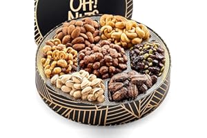 Oh! Nuts 7 Section Nuts Gift Basket - Gourmet Assorted Nut Gifts Baskets - Healthy Nuts Gift Round Metal Tin Box - Premium Food Gift for Birthday, Holiday, Movie Night, Corporate, Men & Women