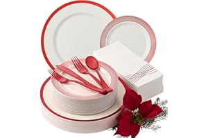 By Madee HEAVYWEIGHT 175 Pc Christmas Dinnerware Sets | White with Red Plastic Plates | Holiday Plates Disposable. Silverware & Napkins | Elegant & Fancy | Host Beautifully (25 Guests)