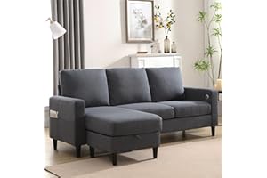 Siiejia Convertible Sectional Couches for Living Room, L-Shaped Couch 3 Seats Sofas with Storage Chaise & TPC Charging Port, Small Sofa for Apartment, Compact Spaces, Linen, Dark Grey