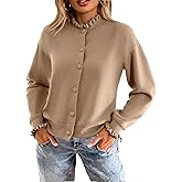 Simplee Short Knit Fall Cardigan Sweaters Cute Ruffle Mock Neck Long Sleeve Button Down Open Front Cardigans Trendy Outfits