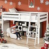 VINGLI 47'' Tall Junior Low Loft Bed with Stairs, White Wood Loft Bed Twin Size for Adults, Kids and Young Teens, No Box Spring Required,Wood Slat Support