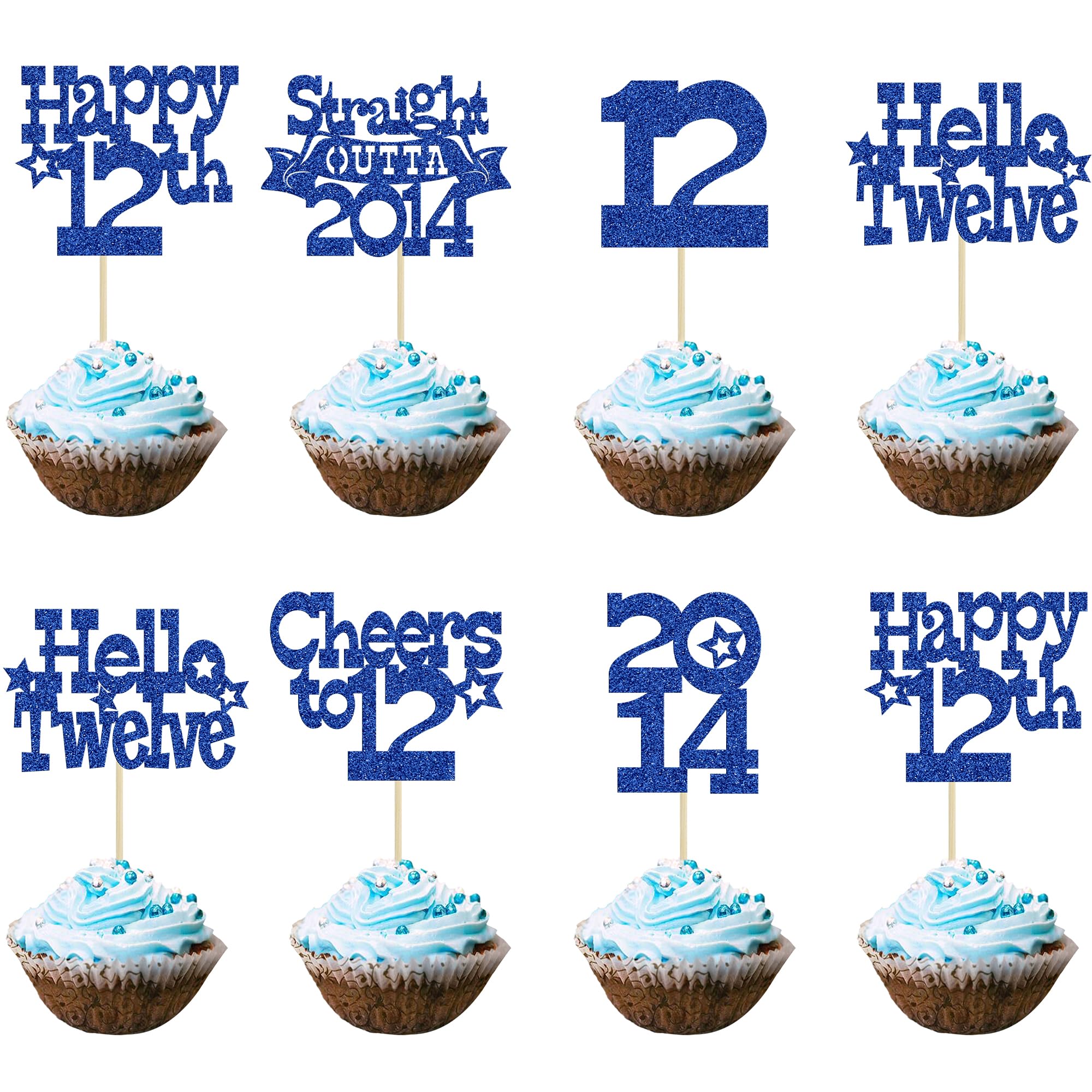 Ephlyn 30Pcs Happy 12th Birthday Cupcake Toppers Glitter Twelve Straight Outta 2014 Cupcake Picks Cheers to 12 Years Cake Decorations for 12th Birthday Party Supplies Blue