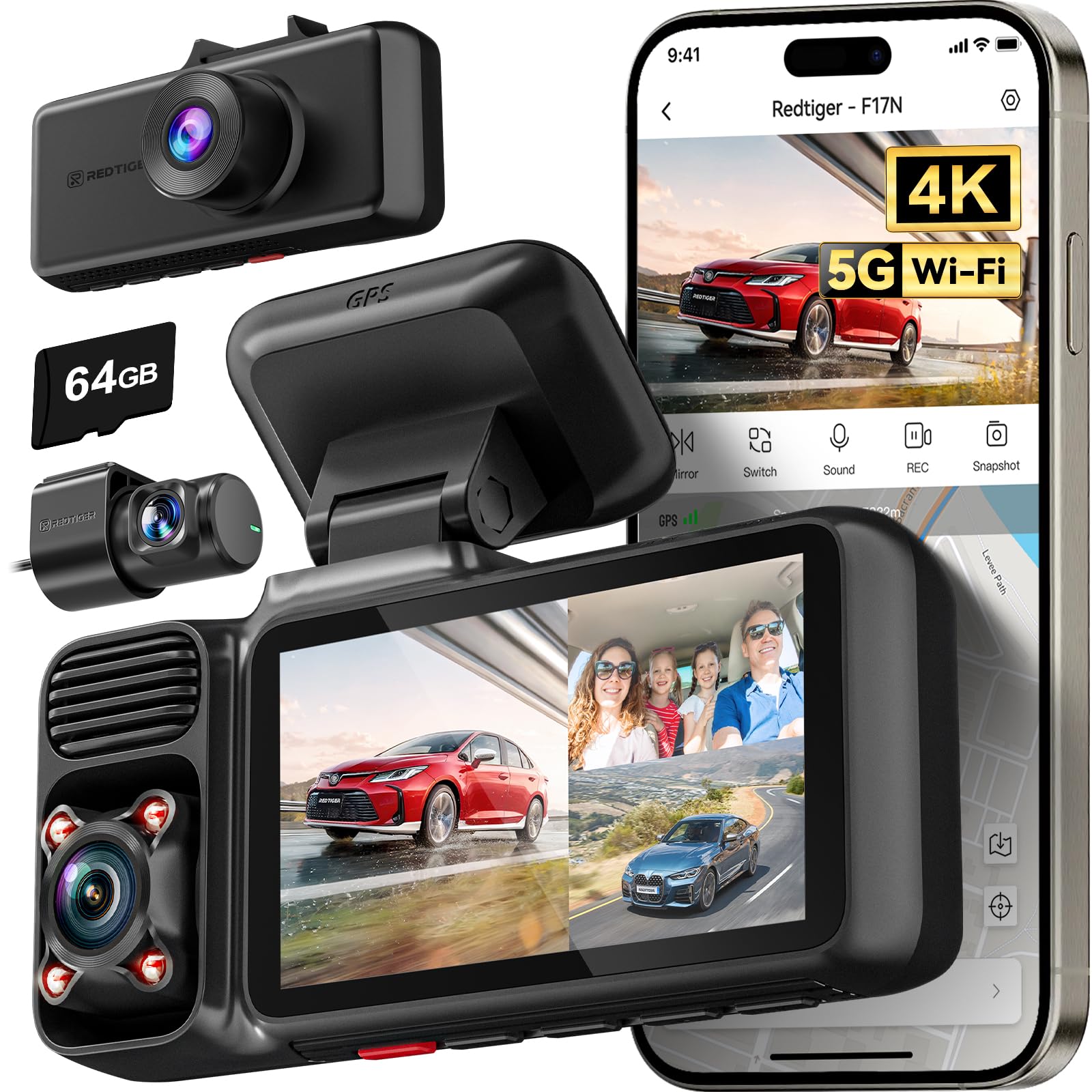 REDTIGER 4K 3 Channel Dash Cam 5G WiFi Built-in GPS, Included 64GB Card, 2160P+1080P+1080P Front and Rear Inside, Loop Recording, Triple Car Camera with 3 Inch Screen, IR Night Vision, Parking Mode