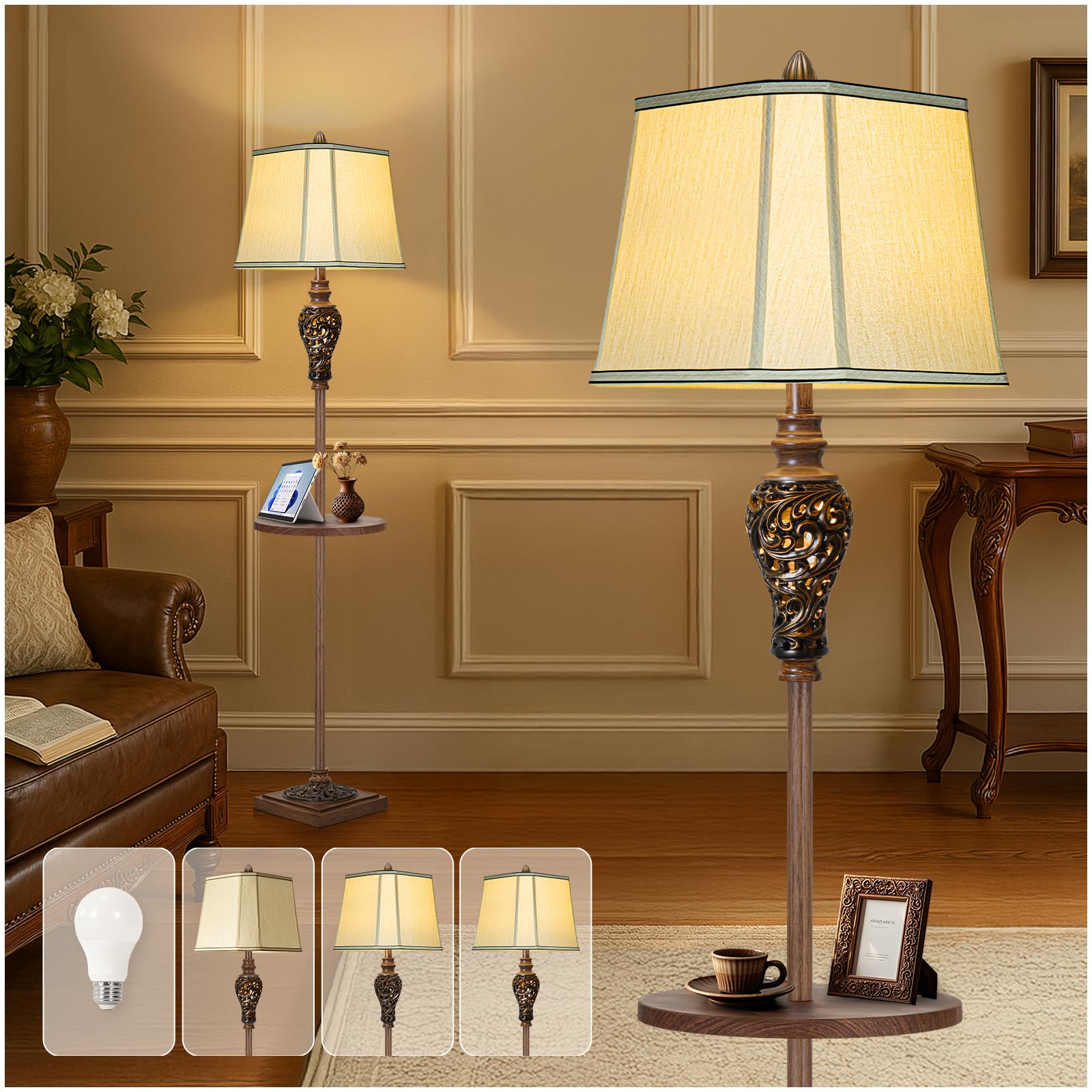 Photo 1 of 65" High Vintage Floor Lamp with Night Light and Glass Tray, Farmhouse Standing Lamp with Beige Faux Silk Shade, Retro Rustic Tall Lamp Decor for Living Room, Bedroom, Bedside, Corner (Bulb Included)